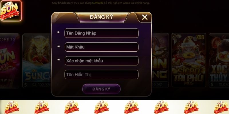 Giao diện trang đăng ký Sunwin với các ô thông tin hiển thị rõ ràng