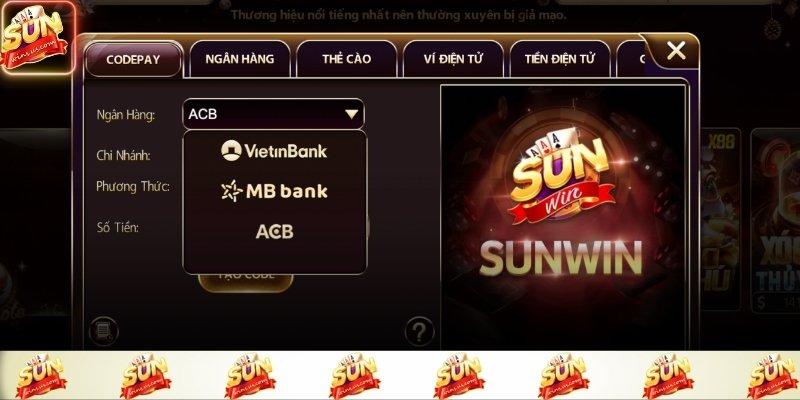 Các phương thức nạp tiền Sunwin hiển thị rõ ràng trên màn hình chính